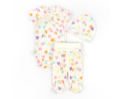 Комплект для девочки 3 в 1 боди ползуны шапочка с подворотом Hearts